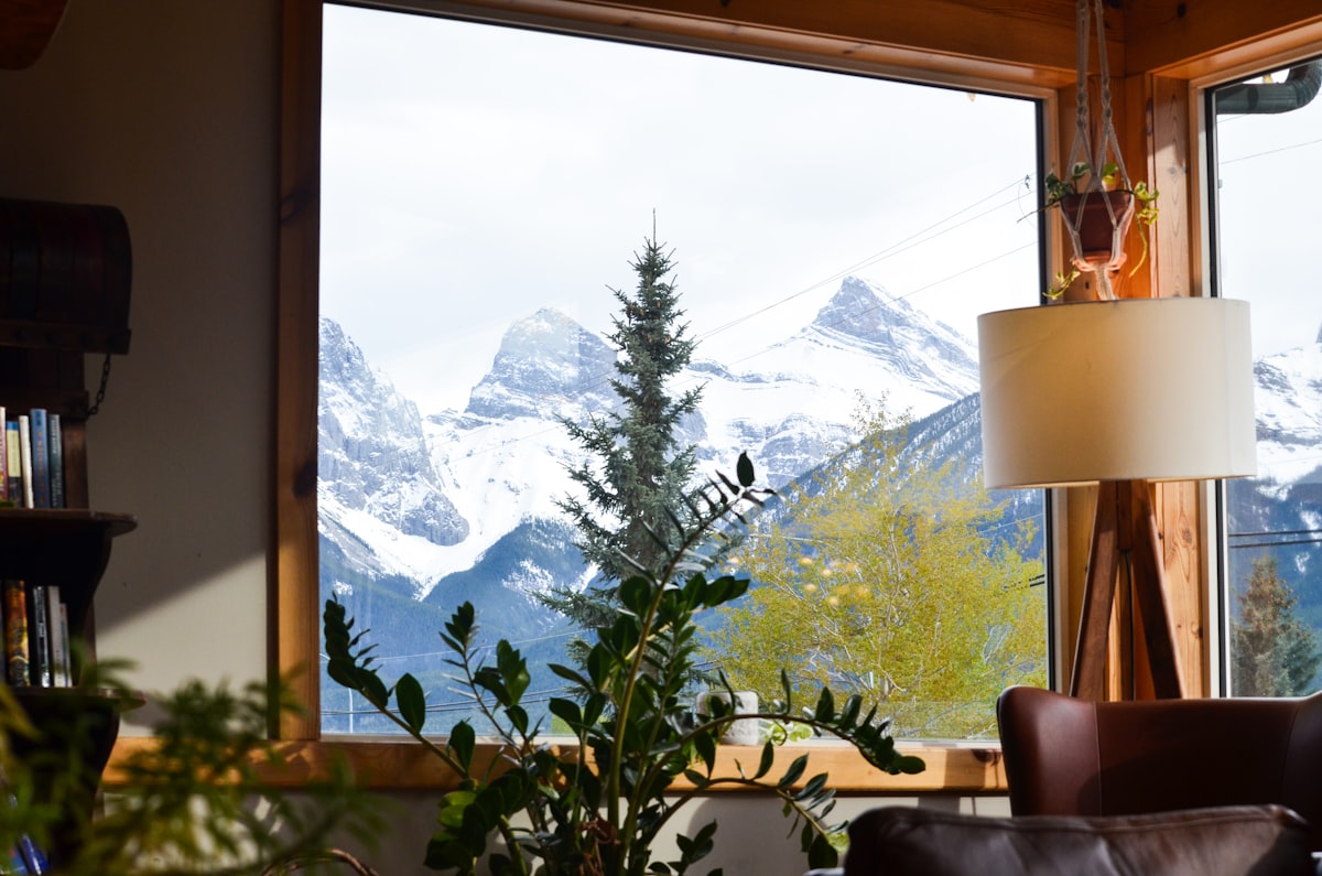 aDLERS Hotel Innsbruck – Window view of snowy mountains with indoor plant and lamp